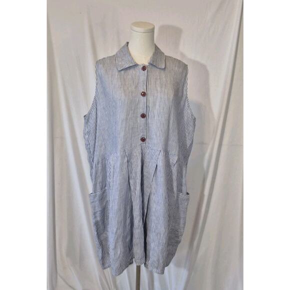 FLAX by Jeanne Engelhart Blue White Striped 100% Linen Shirt Dress Large - Picture 1 of 6